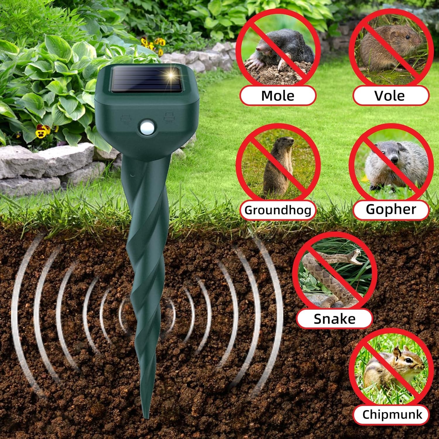 Solar-Powered Ultrasonic Mole Repellent Stakes - 4 Pack Waterproof Sonic Deterrents for Snakes, Groundhogs, Gophers, and Voles - Perfect for Lawns, Gardens & Yards