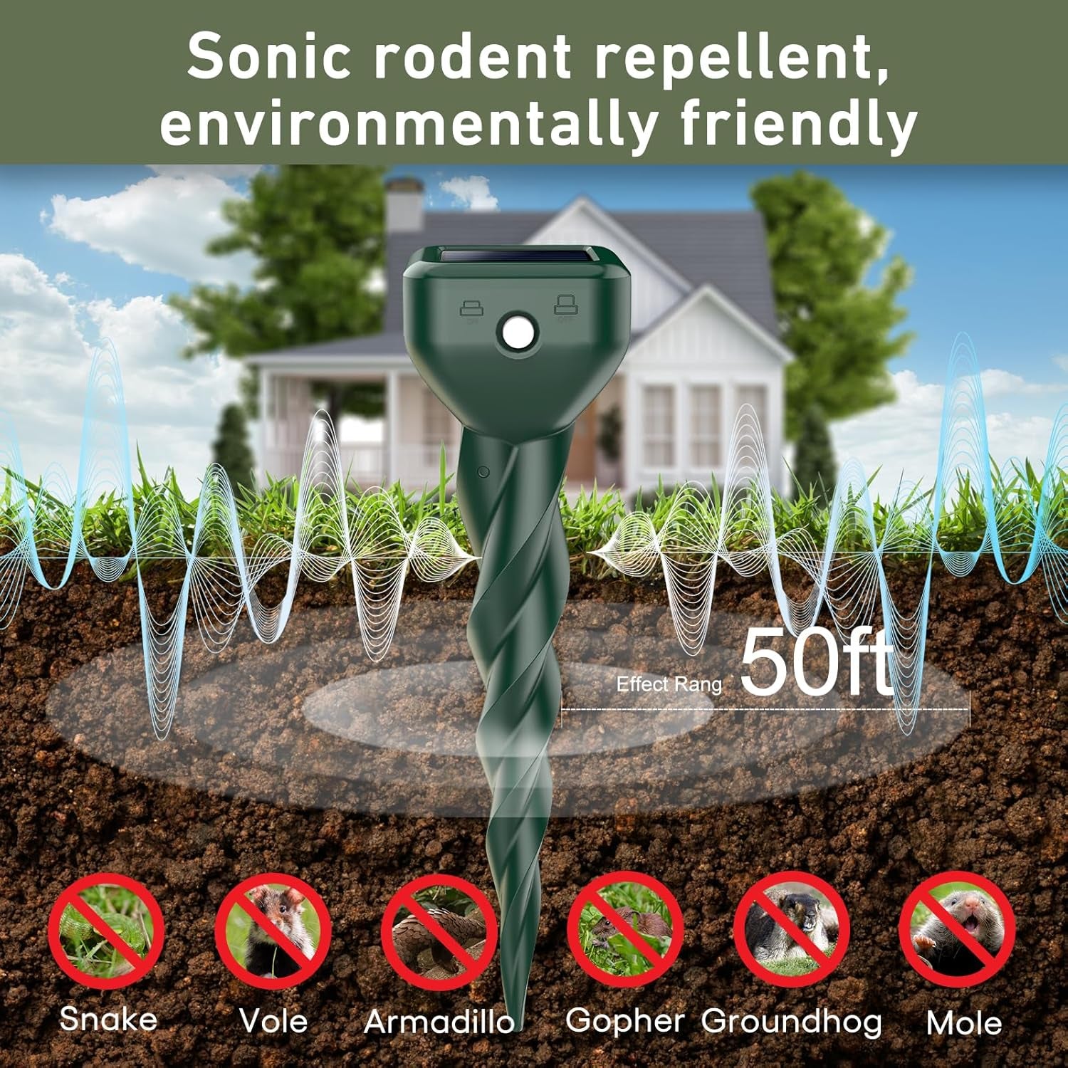 Solar-Powered Ultrasonic Mole Repellent Stakes - 4 Pack Waterproof Sonic Deterrents for Snakes, Groundhogs, Gophers, and Voles - Perfect for Lawns, Gardens & Yards