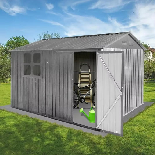 10 X 8FT Outdoor Storage Shed with Window, Hinged Lockable Door, Padlock & Punched Vents, Metal Shed Storage House