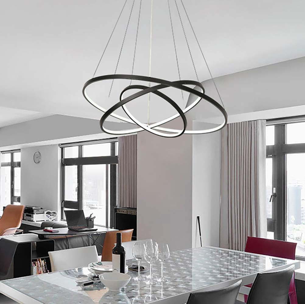 Modern LED Chandelier Lighting Dimmable Ceiling Dining Room Chandeliers Contemporary Living Room Light Fixtures Hanging 3 Ring Foyer Bedroom Pendant Lights Cool White Black