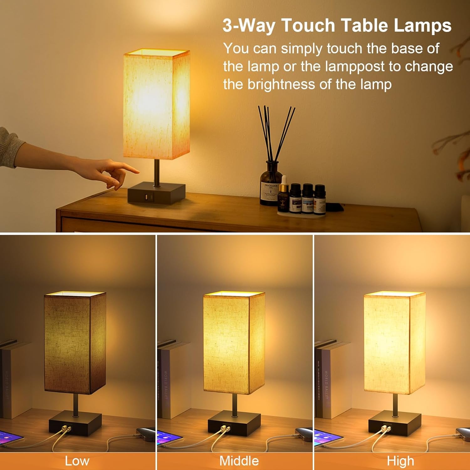 Bedside Lamp, Touch Control Table Lamp for Bedroom, Small Nightstand Lamp with 3 Way Dimmable, USB-C + a Ports for Bedroom, Home Decor, Living Room, LED Bulbs Included, Upgraded Fabric Shade