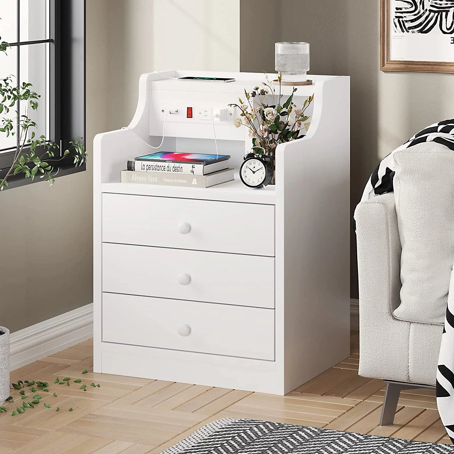 Nightstand with Charging Station and 3 Storage Drawers, White