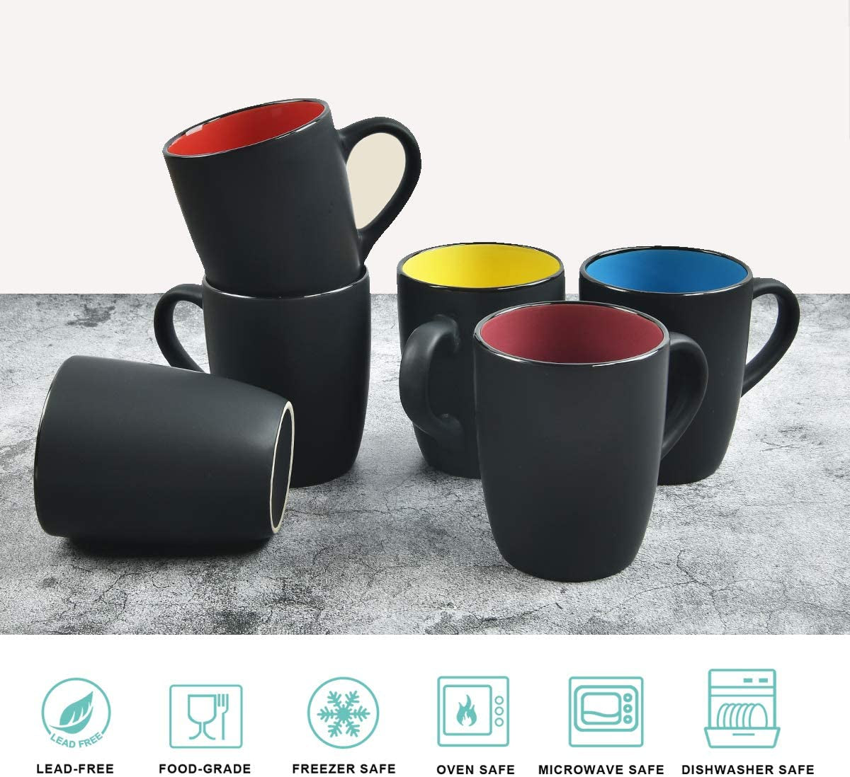 Set of 6 Coffee Mug Sets, 16 Ounce Ceramic Coffee Mugs Restaurant Coffee Mug, Large-Sized Black Coffee Mugs Set Perfect for Coffee, Cappuccino, Tea, Cocoa, Cereal, Black outside and Colorful Inside