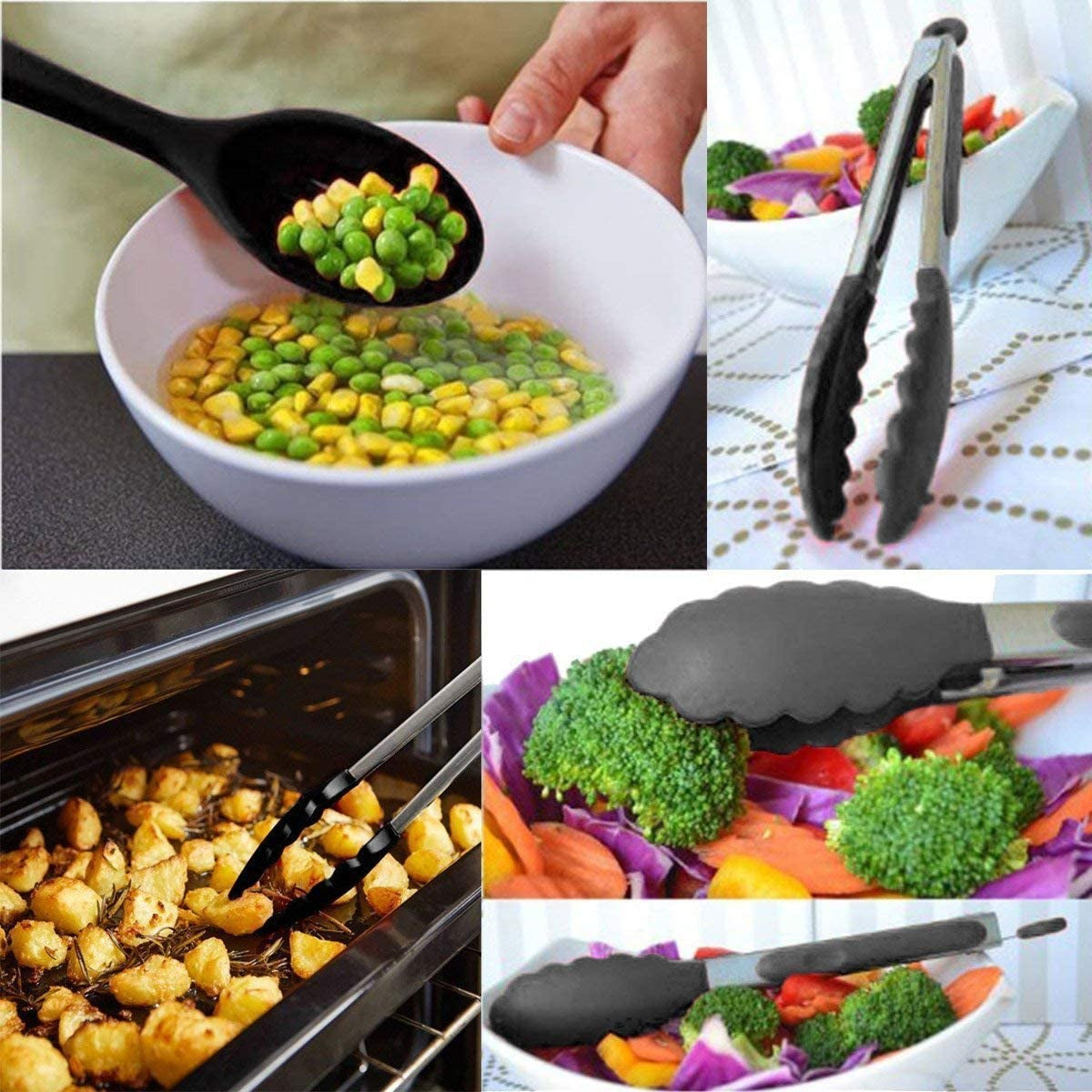 Silicone Kitchen Utensil Set, Heat-Resistant Non-Stick Silicone Cooking Gadgets Tools (Black Holder)