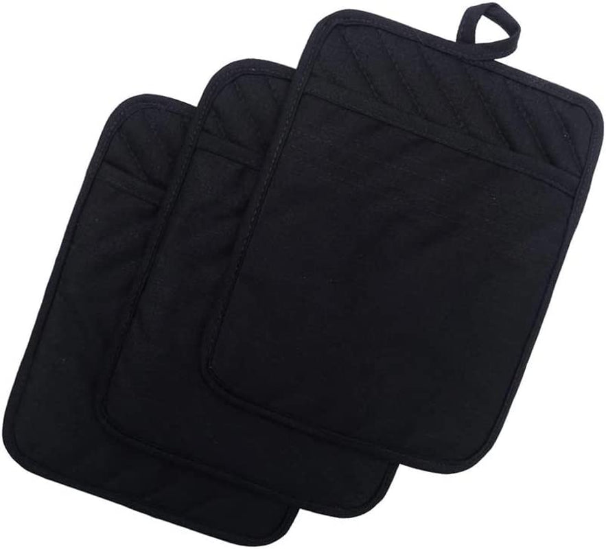 Pot Holders for Kitchen Heat Resistant, Cotton Hot Pads for Kitchen Counter Table, Black Kitchen Pot Holders with Pocket