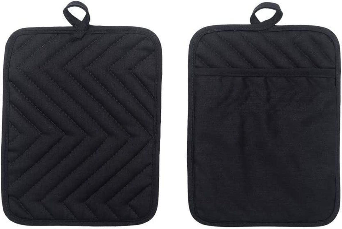 Pot Holders for Kitchen Heat Resistant, Cotton Hot Pads for Kitchen Counter Table, Black Kitchen Pot Holders with Pocket