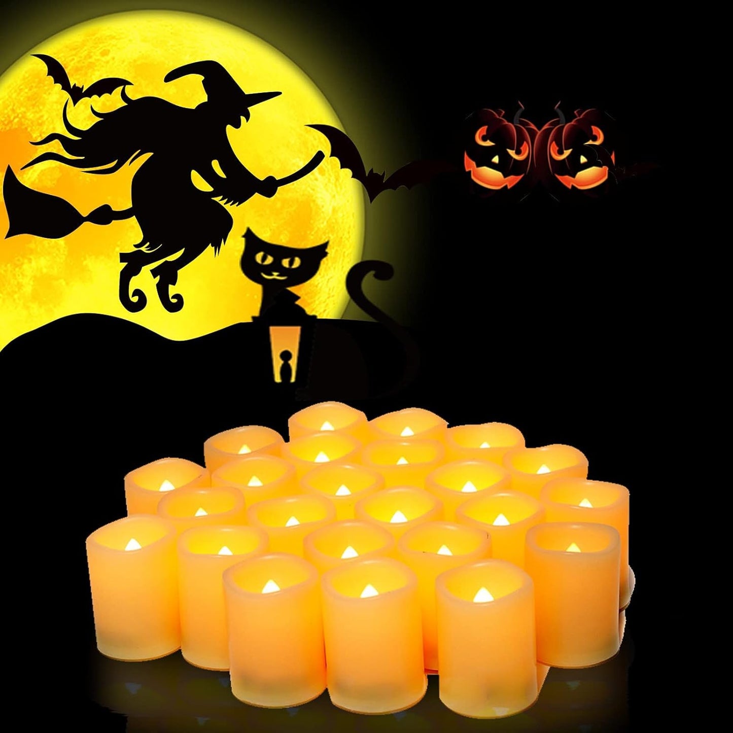 Battery Operated Flameless Votive Candles Realistic Flickering Fake Electric LED Tea Lights Set Bulk Wedding Party Halloween Christmas Decorations Table Centerpieces Batteries Incl 24PCS