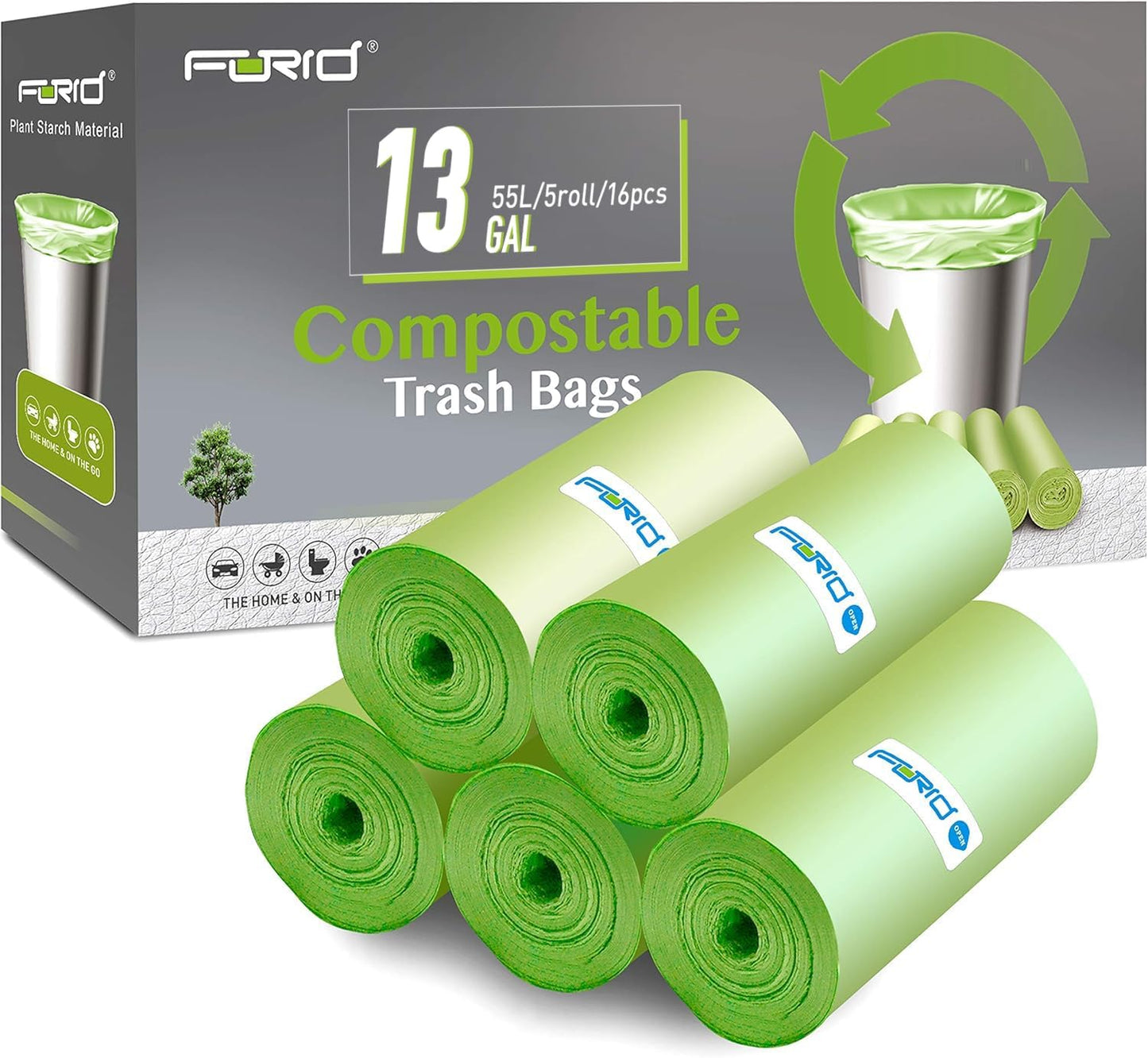 Compostable Trash Bags -  13 Gallon Tall Kitchen Garbage Bags 80 Count Unscented Trash Can Liners 55 Liter Medium Wastebasket Bags for Bathroom Home Bedroom Office Garbage Can (5Rolls/Green)