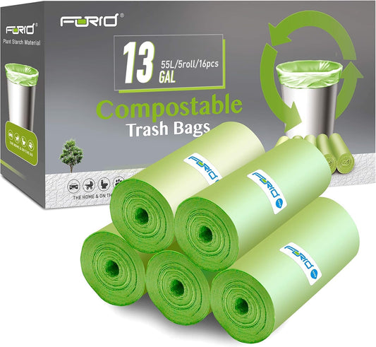 Compostable Trash Bags -  13 Gallon Tall Kitchen Garbage Bags 80 Count Unscented Trash Can Liners 55 Liter Medium Wastebasket Bags for Bathroom Home Bedroom Office Garbage Can (5Rolls/Green)